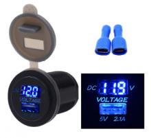 Car motorbike 12V car mobile phone charger three-colour digital display voltmeter single USB 2.1A car 2 in 1